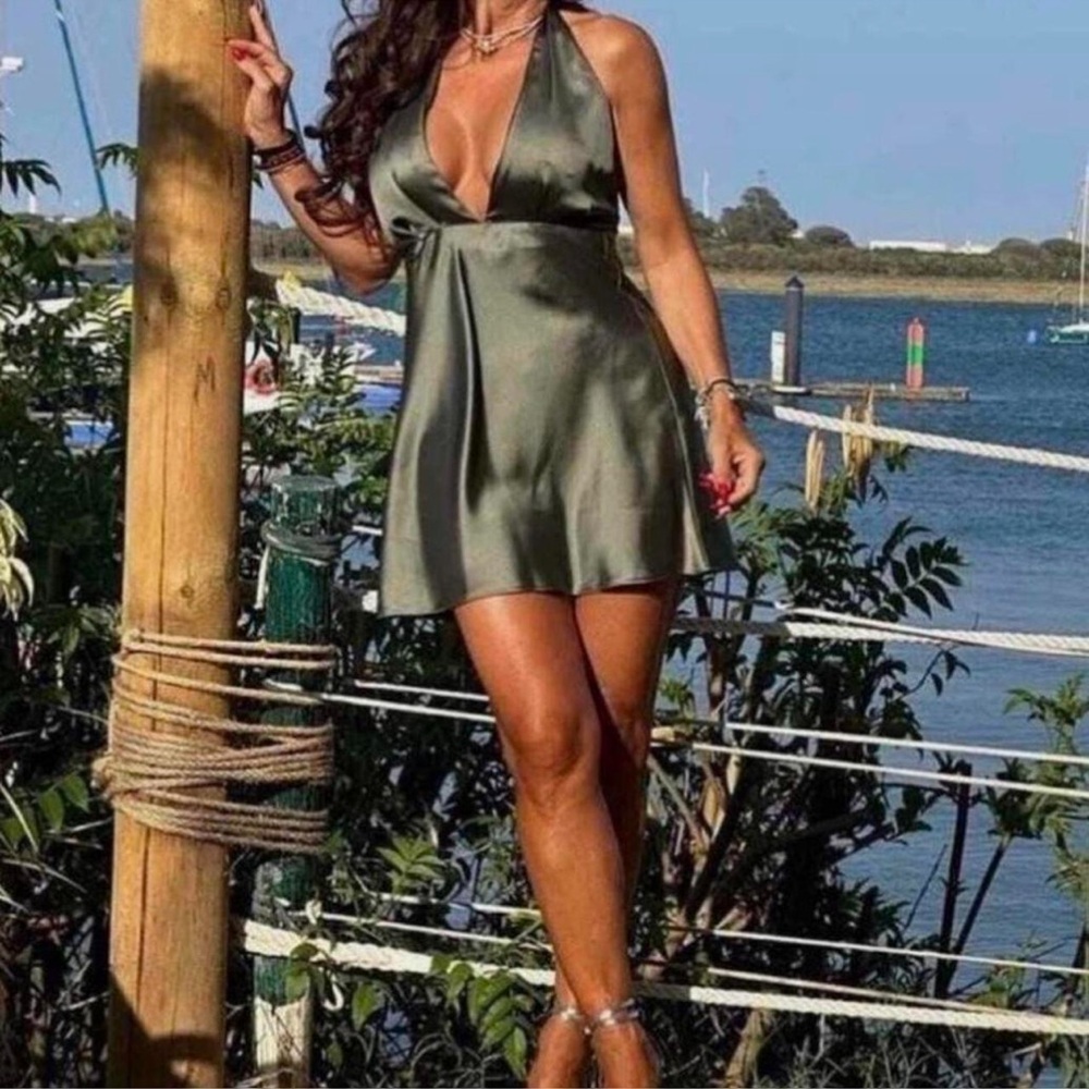 Zara green silk mini dress with halter top